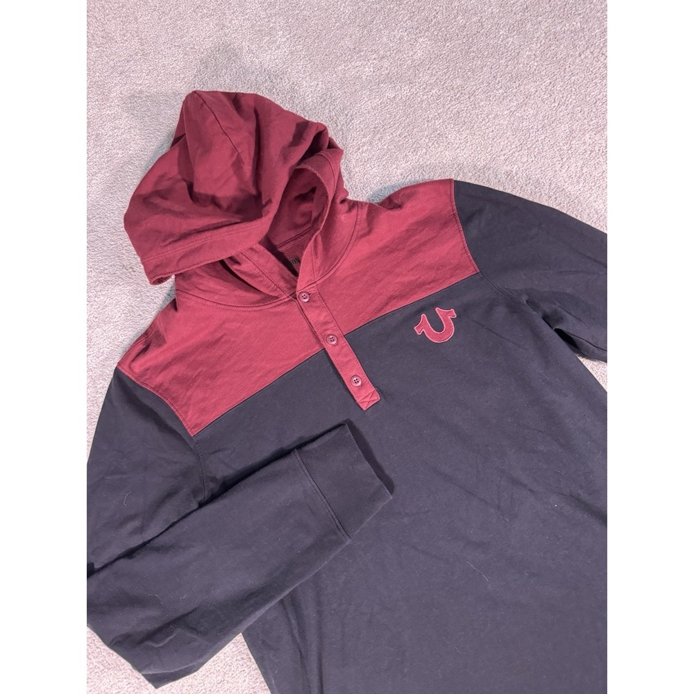 True Religion Hoodie Men's Small Red Hooded 3 Button Henley Gray